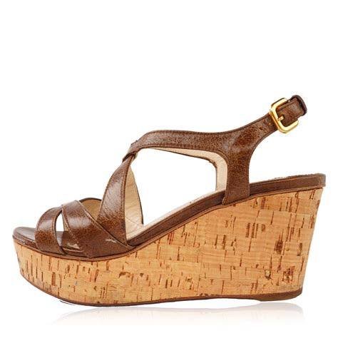 prada wedges brown|Prada leather platform wedge.